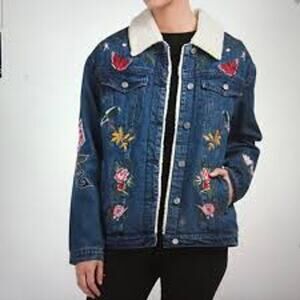 BELLE VERE 100% Cotton Flora Fauna Embroider Oversize Shearling Denim Jacket XS
